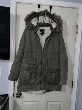 Gap Military Utility Army Field Jacket Sherpa Parka Fur Hood OD Green Wmn Medium